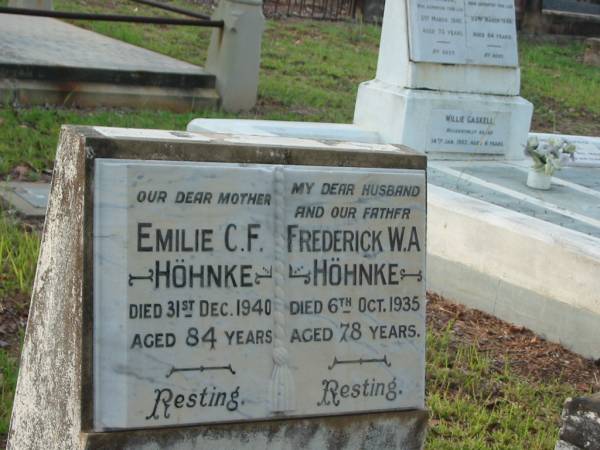 Emilie C.F. HOHNKE,  | mother,  | died 31 Dec 1940 aged 84 years;  | Frederick W.A. HOHNKE,  | husband father,  | died 6 Oct 1935 aged 78 years;  | Bald Hills (Sandgate) cemetery, Brisbane  | 