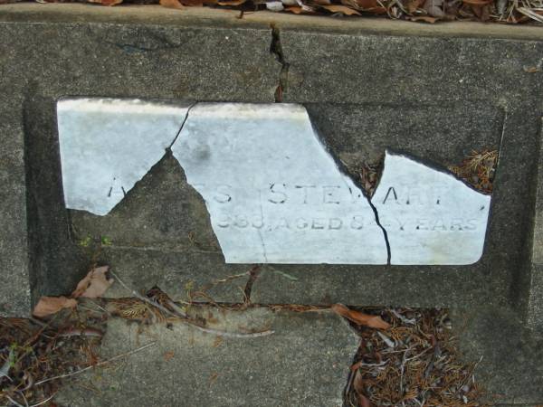 [many broken headstones];  | Agnes? STEWART,  | died 1933 aged 84 years;  | Bald Hills (Sandgate) cemetery, Brisbane  | 