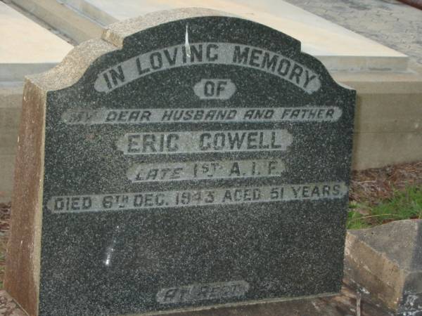 Eric GOWELL,  | husband father,  | died 6 Dec 1943 aged 51 years;  | Bald Hills (Sandgate) cemetery, Brisbane  | 