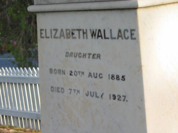 William WALLACE,  | died 9 Dec 1902 aged 74 years;  | Elizabeth Todd,  | wife of William WALLACE,  | died 2 Feb 1931 aged 75 years;  | Elizabeth WALLACE,  | daughter,  | born 20 Aug 1885,  | died 7 July 1927;  | Bald Hills (Sandgate) cemetery, Brisbane  | 