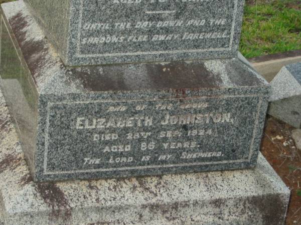 George,  | husband of Elizabeth JOHNSTON,  | died 14 APril 1917 aged 78 years;  | Elizabeth JOHNSTON,  | died 28 Sept 1924 aged 86 years;  | Eliza Jane,  | daughter,  | died 19 Aug 1920 aged 50 years;  | Bald Hills (Sandgate) cemetery, Brisbane  | 