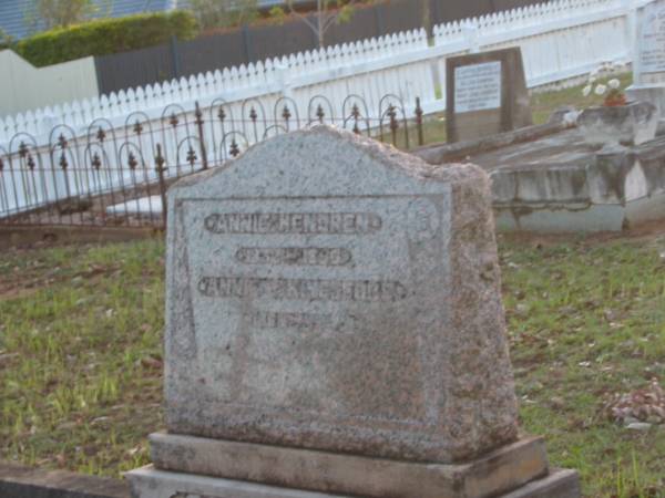 Annie HENDREN,  | grandma,  | 1832? - 1896;  | Annie J. KINGSFORD,  | ma,  | 1869? - 1940;  | Bald Hills (Sandgate) cemetery, Brisbane  | 