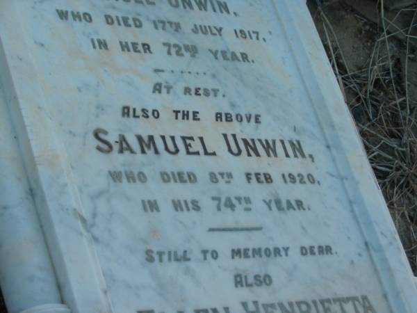 Eliza Ann BUNDY,  | mother,  | died 27 Sept 1937 aged 64 years;  | Mary,  | wife of Samuel UNWIN,  | died 17 July 1917 in 72nd year;  | Samuel UNWIN,  | died 8 Feb 1920 in 74th year;  | Ellen Henrietta,  | wife of late Frank DAY,  | died 9 Jan 1932 aged 44 years;  | Margaret Dothorty,  | wife of David UNWIN,  | died 14 Jan 1915? aged 39 years;  | Elizabeth Virtue UNWIN,  | died 20 June 1949 aged 72 years;  | Bald Hills (Sandgate) cemetery, Brisbane  | 