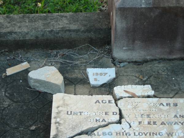 [broken headstone, Alfred LISTER, died 1920]  | aged 67 years;  | Eliza Jane LISTER,  | wife,  | died 26 July 1938 aged 62 years;  | Bald Hills (Sandgate) cemetery, Brisbane  | 