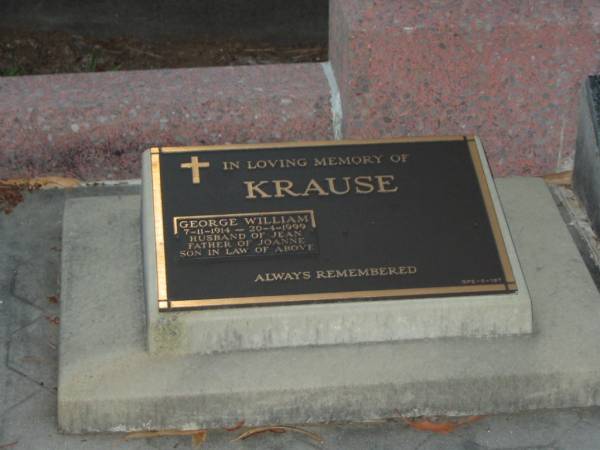 John LANG,  | husband father,  | died 16 June 1945 aged 54 years;  | Frances Jane,  | wife,  | died 12 Dec 1977 aged 81 years;  | Peter Edward John,  | younger son,  | died Feb 1973 aged 41 years;  | George William KRAUSE,  | 7-11-1914 - 29-4-1999,  | husband of Jean,  | father of Joanne,  | son-in-law;  | Bald Hills (Sandgate) cemetery, Brisbane  |   | 