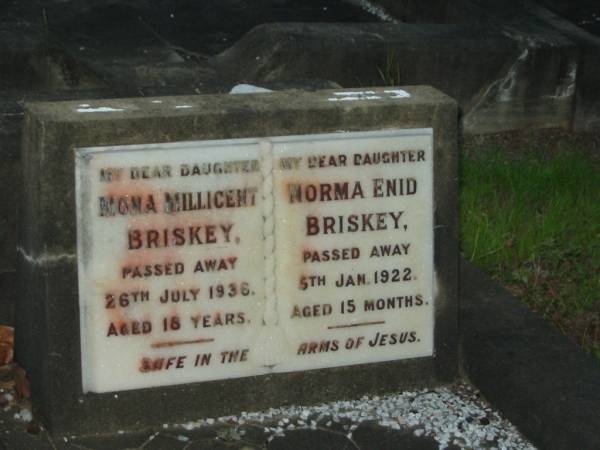 sisters;  | Mona Millicent BRISKEY,  | daughter,  | died 26 July 1936 aged 18 years;  | Norma Enid BRISKEY,  | daughter,  | died 5 Jan 1922 aged 15 months;  | Bald Hills (Sandgate) cemetery, Brisbane  |   | 