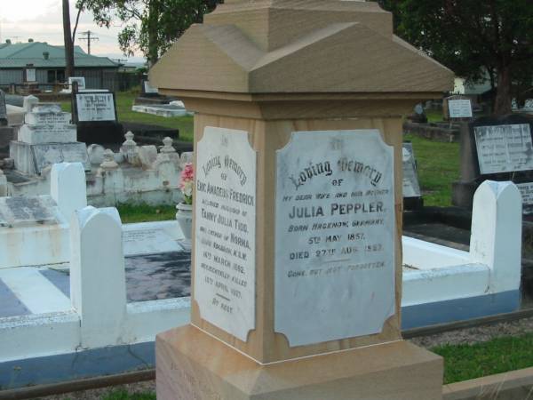 Julia PEPPLER,  | wife mother,  | born Hagenow Germany 5 May 1857,  | died 27 Aug 1927;  | Eric Amadeus Frederick,  | husband of Fanny Julia TIDD,  | father of Norma,  | born Kogarah NSW 16 March 1892,  | accidentally killed 15 April 1927;  | Arthur CORTEN,  | ??? of Paul & Julia PEPPLER,  | born 19 Sept 1914,  | died 18 Feb 1918;  | Bald Hills (Sandgate) cemetery, Brisbane  |   |   | 