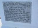 
Maud GRANT,
mother,
died 20-12-40 aged 56 years;
John Edwin MEREDITH, grandchild,
died 13-3-40 aged 2 days;
Lorraine Maud MEREDITH, grandchild,
born & died 15-6-42;
Bald Hills (Sandgate) cemetery, Brisbane
