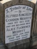 Alfred Kingsley Gordon MERRITT, died 5 Oct 1956; Alice Florence MERRITT, wife, died 28 Jan 1994 aged 100 years; Bald Hills (Sandgate) cemetery, Brisbane 