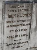 John H. JONES, son brother, accidentally drowned Virginia 7 Oct 1929 aged 12 years; Flo, love from Stan & John; Dad, from Mum, Marc & Jack; Marcia; Mum; Jess, love from Alf; Bald Hills (Sandgate) cemetery, Brisbane  