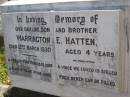 
Warrington E. HATTEN,
son brother,
died 12 March 1930 aged 4 years;
Bald Hills (Sandgate) cemetery, Brisbane
