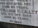 Florance GILLETT, mother, died 28 April 1918 aged 56 years; William H. GILLETT, father, died 11 Oct 1945 aged 80 years; Bald Hills (Sandgate) cemetery, Brisbane 