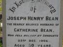 
Joseph Henry BEAN,
husband of Catherine BEAN,
died Sandgate 23 Dec 1906 aged 50 years;
Catherine BEAN,
born York England 20 Feb 1855,
died 1 Sept 1922;
Ethel Mary BEAN,
died 18 Sept 1966 aged 81 years;
Bald Hills (Sandgate) cemetery, Brisbane
