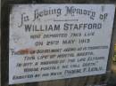 William STAFFORD, died 29 May 1913, erected by niece Phoebe F. LESLIE; Bald Hills (Sandgate) cemetery, Brisbane 