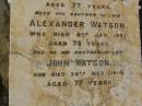 
Robert KIFT,
died 10 Aug 1885 aged 62 years;
Margaret,
wife,
died 28 May 1912 aged 77 year;
Alexander WATSON,
brother-in-law,
died 2 Jan 1907 aged 73 years;
John WATSON,
brother-in-law,
died 24 Nov 1914 aged 77 years;
Bald Hills (Sandgate) cemetery, Brisbane
