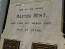 John, husband of Martha BEST, died 9 Sept 1915 aged 72 years; Martha BEST, died 21 March 1927 aged 87 years; Herbert Joseph BEST, 26-6-1870 - 24-4-1960; Grace Harriet BEST, 9-4-1884 - 6-8-1964, ashes scattered; Gordon William BARNFIELD, 5-5-1923 - 18-8-2001; Dorothea BARNFIELD, 1-10-1920 - 25-6-2004, ashes scattered; Bald Hills (Sandgate) cemetery, Brisbane 