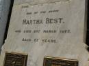 
John,
husband of Martha BEST,
died 9 Sept 1915 aged 72 years;
Martha BEST,
died 21 March 1927 aged 87 years;
Herbert Joseph BEST,
26-6-1870 - 24-4-1960;
Grace Harriet BEST,
9-4-1884 - 6-8-1964,
ashes scattered;
Gordon William BARNFIELD,
5-5-1923 - 18-8-2001;
Dorothea BARNFIELD,
1-10-1920 - 25-6-2004,
ashes scattered;
Bald Hills (Sandgate) cemetery, Brisbane
