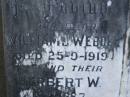 parents; William J. WEBBER, died 25-9-1919; Anna WEBBER, died 8-10-1941; children; Herbert W., died 1-7-1887; William E., died 25-11-1938; Cecilia A., died 21-4-1895; Aaron Joseph, died 11-3-1940; Bald Hills (Sandgate) cemetery, Brisbane  