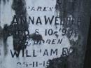 parents; William J. WEBBER, died 25-9-1919; Anna WEBBER, died 8-10-1941; children; Herbert W., died 1-7-1887; William E., died 25-11-1938; Cecilia A., died 21-4-1895; Aaron Joseph, died 11-3-1940; Bald Hills (Sandgate) cemetery, Brisbane  