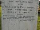 Hermann FEUERRIEGEL, died 3 Feb 1910 aged 61 years; George, son, killed in action France 12 Oct 1917 aged 33 years; Anna Bertha, wife of F.W.H. FEUERRIEGEL, born Nundah 29 May 1860, died 27 Nov 1932; Adolph FEUERRIEGEL, born 11 Jan 1822, died 16 March 1894; Charlotte FEUERRIEGEL, born 4 Oct 1823, died 24 Oct 1899; Bald Hills (Sandgate) cemetery, Brisbane 