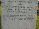 
Hermann FEUERRIEGEL,
died 3 Feb 1910 aged 61 years;
George,
son,
killed in action France 12 Oct 1917 aged 33 years;
Anna Bertha,
wife of F.W.H. FEUERRIEGEL,
born Nundah 29 May 1860,
died 27 Nov 1932;
Adolph FEUERRIEGEL,
born 11 Jan 1822,
died 16 March 1894;
Charlotte FEUERRIEGEL,
born 4 Oct 1823,
died 24 Oct 1899;
Bald Hills (Sandgate) cemetery, Brisbane
