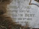 Louisa Anna, wife of Lewellyn BEST, died 9 Dec 1907 aged 49 years; Bald Hills (Sandgate) cemetery, Brisbane 
