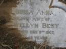 
Louisa Anna,
wife of Lewellyn BEST,
died 9 Dec 1907 aged 49 years;
Bald Hills (Sandgate) cemetery, Brisbane
