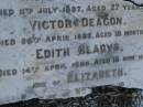 Frank RAYMOND, died 12 Aug 1891 aged 46 years; Elizabeth, wife, died 22 Feb 1908 aged 59 years; children; William Stanwell, died 11 July 1897 aged 27 years; Victor Deagon, died 26 April 1882 aged 18 months; Edith Gladys, died 14 April 1886 aged 18 months; Elizabeth, relict of William RAYMOND, of Weston Dorset England, mother of Frank RAYMOND, born 23 April 1823, died 23 Aug 1914?; Millicent RAYMOND, died 2 July 1931 aged 63 years; Catherine Ann, wife of William GIRLING, died 14 Nov 1865 aged 21 years; Mary Smith DEAGON, died 27 Nov 1866 aged 20 years; Bald Hills (Sandgate) cemetery, Brisbane  