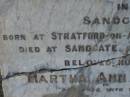 
Hezekiah SHEPHERD,
husband of Martha Ann SHEPHERD,
21 years overseer of municipal works,
born Stratford-on-Avon 16 April 1838,
died Sandgate 29 Mary 1901;
Martha Ann SHEPHERD,
1851 - 1920;
Bald Hills (Sandgate) cemetery, Brisbane
