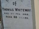 
John,
husband of Charlotte HALL,
died 4 Jan 1883 aged 47 years;
John Richard HALL,
son,
died 11 Nov 1904 aged 27 years;
Charlotte,
wife of John HALL,
died 21 March 1910 aged 59 years;
Thomas WHITEWAY,
died 8 Feb 1888 aged 88 years;
Bald Hills (Sandgate) cemetery, Brisbane
