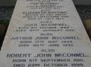Amelia Elizabeth, wife of John MCCONNEL, of Durundur, born 3 Dec 1827, died 2 June 1877; Elizabeth BUNTING, mother, born 7 Sept 1792, died 1 July 1877; John MCCONNEL, born 3 Oct 1806 died 27 Jan 1899; Arthur John MCCONNEL, born 17 May 1856, died 20 June 1937; Robert John MCCONNEL, born 5 Sept 1910 died 22 Oct 1999; Bald Hills (Sandgate) cemetery, Brisbane 
