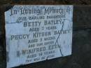 
daughters;
Betty BATLEY,
aged 7 years;
Peggy Kitson BATLEY,
aged 5 weeks;
Winifred Ellen,
aged 14 years;
Bald Hills (Sandgate) cemetery, Brisbane
