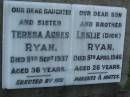 Teresa Agnes RYAN, daughter sister, died 9 Sept 1937 aged 36 years; Leslie (Dick) RYAN, son brother, died 5 April 1946 aged 26 years; Bald Hills (Sandgate) cemetery, Brisbane 