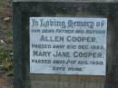 Allen COOPER, father, died 21 Dec 1928; Mary Jane COOPER, mother, died 21 Aug 1950; Bald Hills (Sandgate) cemetery, Brisbane 