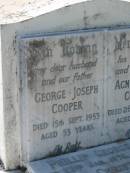 
George Joseph COOPER,
husband father,
died 15 Sept 1953 aged 53 years;
Agnes Beryl COOPER,
wife mother,
died 26 March 1975 aged 75 years;
Phillip George COOPER,
died 22 Jan 1976 aged 54 years;
Betty Christina COOPER,
died 19 April 1981 aged 58 years;
Bald Hills (Sandgate) cemetery, Brisbane
