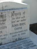 George Joseph COOPER, husband father, died 15 Sept 1953 aged 53 years; Agnes Beryl COOPER, wife mother, died 26 March 1975 aged 75 years; Phillip George COOPER, died 22 Jan 1976 aged 54 years; Betty Christina COOPER, died 19 April 1981 aged 58 years; Bald Hills (Sandgate) cemetery, Brisbane 