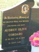 Audrey Olive CORDARO, wife mother nanna aunt, 22-08-1931 - 05-01-2004; Bald Hills (Sandgate) cemetery, Brisbane 