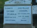 
Elizabeth Gertrude MCLOUGHLIN,
died 14 Sept 1975 aged 83 years;
John William ASHBURN,
died 17 April 1940 aged 59 years;
Bald Hills (Sandgate) cemetery, Brisbane
