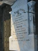 
George,
husband of Emily SCOTT,
died 19 Dec 1928 aged 70 years;
Harold,
son,
killed Passchendaele 18 Oct 1917 aged 23 years;
Emily SCOTT,
died 13 Oct 1941 aged 77 years;
Bald Hills (Sandgate) cemetery, Brisbane
