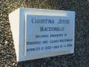 Roderick MACDONALD, born Benbecule Uist Inverness Shire 23 Oct 1861 died Brisbane 4 Feb 1940 aged 78 years; Louisa Maria, wife, died Brisbane 5 Oct 1967 aged 98 years; Christina Jessie MACDONALD, daughter of Roderick & Louisa MACDONALD, born 23-2-1902, died 10-4-1994; Bald Hills (Sandgate) cemetery, Brisbane 