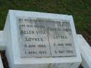 Helen Vida LOYNES, wife mother, 11 June 1888 - 1 April 1943; Francis James LOYNES, father, 5 June 1882 - 4 Sept 1952; Mavis DOBBINS, wife, 12-10-1930 - 18-8-1996; John James DOBBINS, dad granddad, 27-1-1920 - 23-9-2003; remembered by Kevin, Edwin, Kathryn, Maggie & Graham; Bald Hills (Sandgate) cemetery, Brisbane 