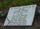 Louisa BROWN, mother, died 12 Aug 1918; William BROWN, father, died 16 Oct 1918; Louie GILLETT, died 20 April 1958; Frederick GILLETT, died 12 March 1970; Bald Hills (Sandgate) cemetery, Brisbane  