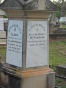 Flora, wife of William MCPHERSON, died 23 March 1907 aged 68 years; William Hughes MCPHERSON, died 26 Sept 1909 aged 70 years; Bald Hills (Sandgate) cemetery, Brisbane  