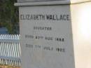 
William WALLACE,
died 9 Dec 1902 aged 74 years;
Elizabeth Todd,
wife of William WALLACE,
died 2 Feb 1931 aged 75 years;
Elizabeth WALLACE,
daughter,
born 20 Aug 1885,
died 7 July 1927;
Bald Hills (Sandgate) cemetery, Brisbane
