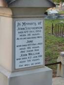 John STEPHENSON, died 6 Oct 1902 aged 78 years; Jane, wife, died 15 Dec 1907 aged 85 years; John William, son died 4 Jan 1916 aged 54 years; Bald Hills (Sandgate) cemetery, Brisbane 