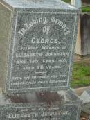 
George,
husband of Elizabeth JOHNSTON,
died 14 APril 1917 aged 78 years;
Elizabeth JOHNSTON,
died 28 Sept 1924 aged 86 years;
Eliza Jane,
daughter,
died 19 Aug 1920 aged 50 years;
Bald Hills (Sandgate) cemetery, Brisbane
