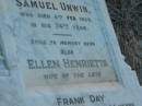 Eliza Ann BUNDY, mother, died 27 Sept 1937 aged 64 years; Mary, wife of Samuel UNWIN, died 17 July 1917 in 72nd year; Samuel UNWIN, died 8 Feb 1920 in 74th year; Ellen Henrietta, wife of late Frank DAY, died 9 Jan 1932 aged 44 years; Margaret Dothorty, wife of David UNWIN, died 14 Jan 1915? aged 39 years; Elizabeth Virtue UNWIN, died 20 June 1949 aged 72 years; Bald Hills (Sandgate) cemetery, Brisbane 