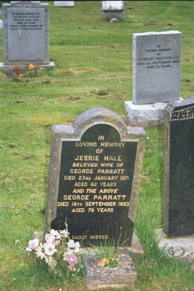 Jessie HALL  | d: 23 Jan 1971, aged 62  | George PARRATT  | d: 18 Sep 1993, aged 79  |   | Old Kirk, Selkirk, Scotland  |   |   | 