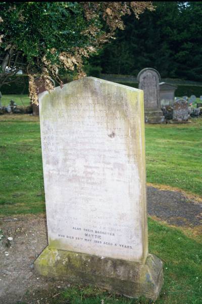 Erected by John Smith in memory of his mother Agnes Hall who died August 1856 aged 85 years  | Also his children  | Esther July 1856 aged 3  | James Dec 62 - 1  | Mary May 63 - 1  | Helen July 66 - 15 years  | Isabella July 72 - 14 years  | and his grandson John S.M. Young 8 May 1901 aged 6 months.  | The above John Smith, slater 20 Feb 1906 in 90th year  | and his wife Isabella Kennedy 18 May 1907 in 91st year  | their daughter Nellie Mary 26 Jul 1906 in 39th year beloved wife of JM Young  | Also their daughter Mattie 29 May 1909 aged 5.  |   | Old Kirk, Selkirk, Scotland  | 