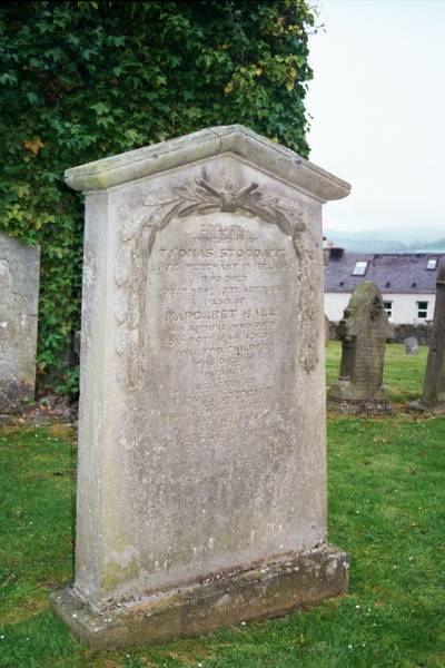 Thomas STODDART  | d: 27 Nov 1837, aged 66  | (wife) Margaret HALL  | d: 30 Oct 1844, aged 66  | two infant children  |   | (son) Thomas STODDART  | d: 24 Mar 1874, aged 64  | (wife) Margaret STEWART  | d: 20 Feb 1893, aged 67  |   | Old Kirk, Selkirk, Scotland  | 